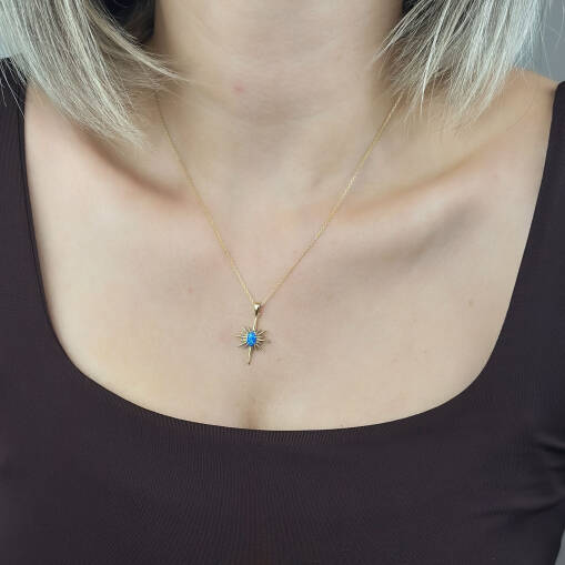 14 Ayar Altın Mavi Opal Kutup Yıldızı Taşlı Kolye - 2