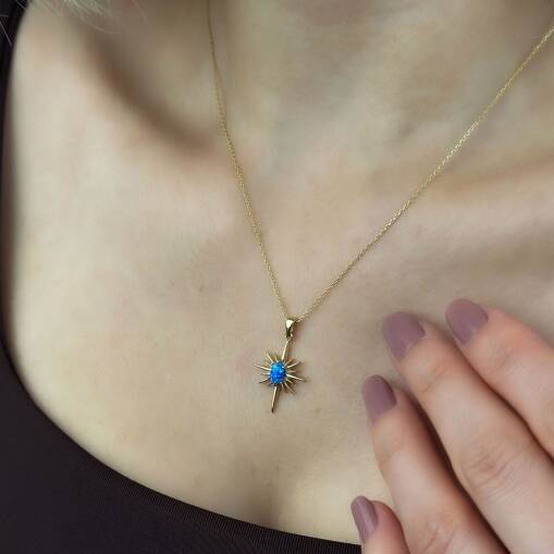 14 Ayar Altın Mavi Opal Kutup Yıldızı Taşlı Kolye - 3