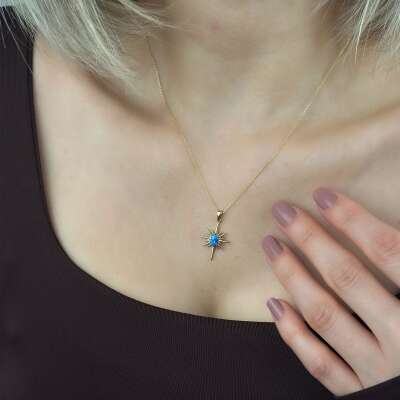 14 Ayar Altın Mavi Opal Kutup Yıldızı Taşlı Kolye - 4
