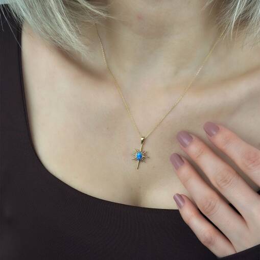 14 Ayar Altın Mavi Opal Kutup Yıldızı Taşlı Kolye - 4
