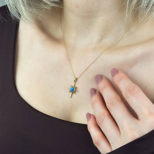 14 Ayar Altın Mavi Opal Kutup Yıldızı Taşlı Kolye - 5