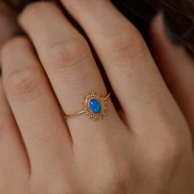 14 Ayar Altın Mavi Opal Taşlı Yüzük - ENGİNGOLD OSM