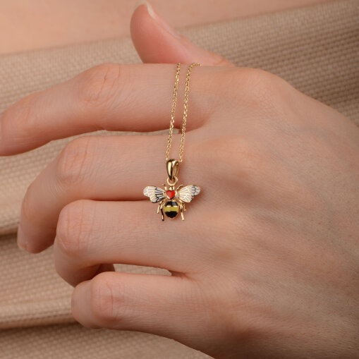 14 Ayar Altın Mineli Kırmızı Kalp Arı Kolye - 2