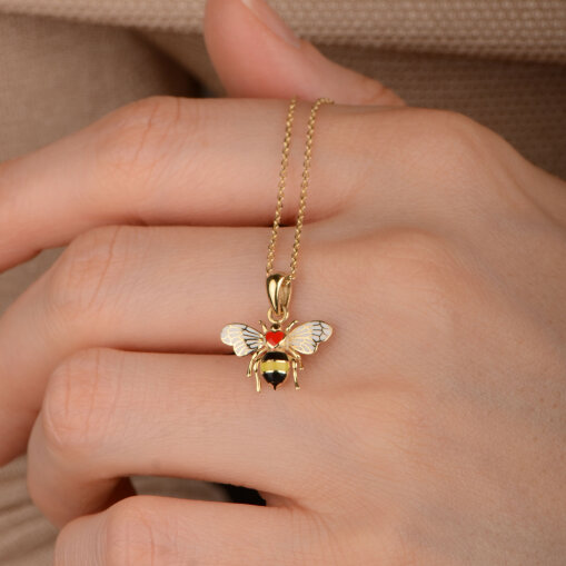 14 Ayar Altın Mineli Kırmızı Kalp Arı Kolye - 1