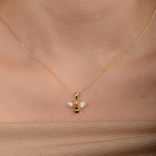 14 Ayar Altın Mineli Kırmızı Kalp Arı Kolye - 3