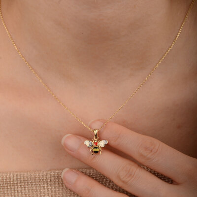 14 Ayar Altın Mineli Kırmızı Kalp Arı Kolye - 4