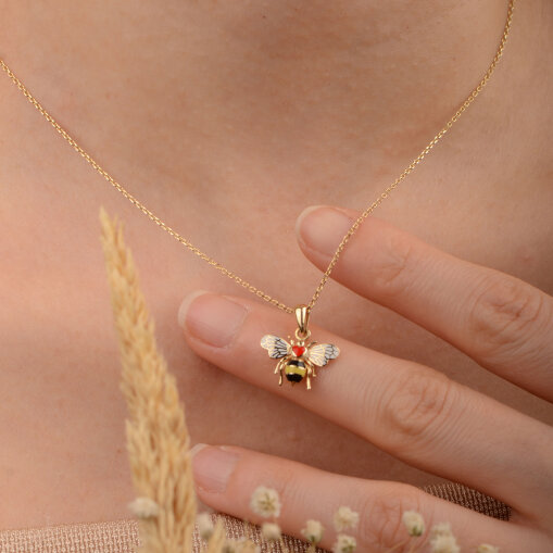 14 Ayar Altın Mineli Kırmızı Kalp Arı Kolye - 5