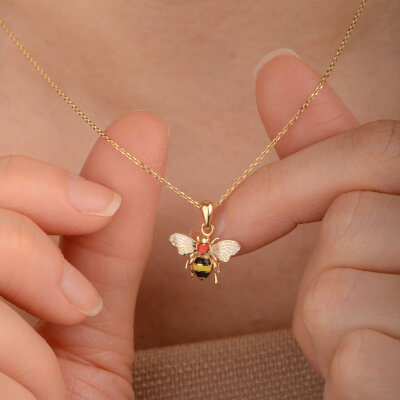 14 Ayar Altın Mineli Kırmızı Kalp Arı Kolye - 6