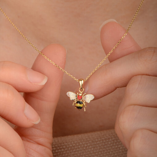 14 Ayar Altın Mineli Kırmızı Kalp Arı Kolye - 6