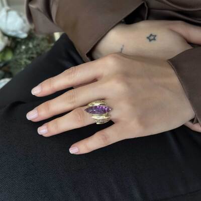 14 Ayar Altın Mor Taşlı Tasarım Yüzük - 2