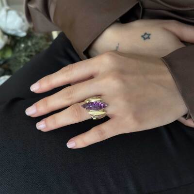 14 Ayar Altın Mor Taşlı Tasarım Yüzük - 3