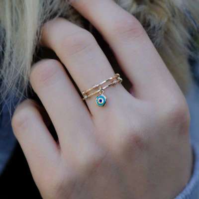 Beaded Evil Eye 14-Karat Gold Ring Minutes - Thumbnail