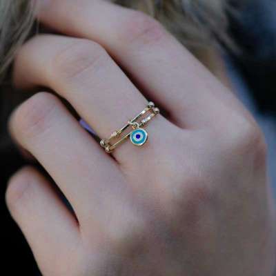 Beaded Evil Eye 14-Karat Gold Ring Minutes - Thumbnail