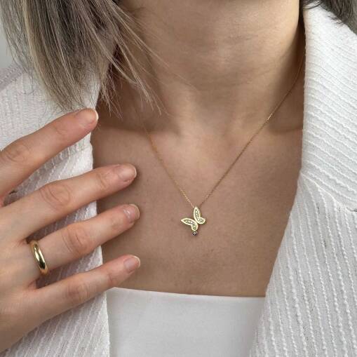 14 Ayar Altın Nazar Boncuklu Kelebek Kolye – Zirkon Taşlı - 1
