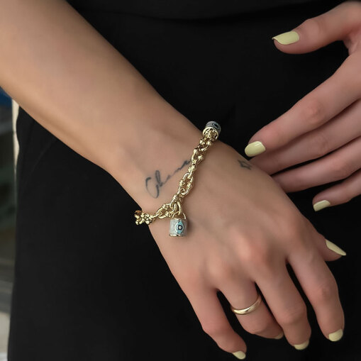 14 Ayar Altın Nazar Boncuklu Mineli Kilit Bileklik - 1