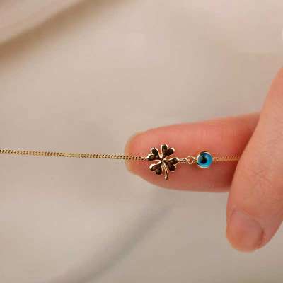 14 Ayar Altın Nazar Boncuklu Yonca Bileklik