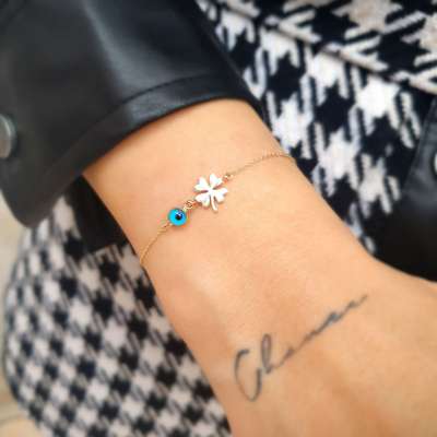 14 Ayar Altın Nazar Boncuklu Yonca Bileklik - 3