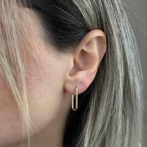 14 Ayar Altın Oval Dikdörtgen Küpe – Taşsız Şık Tasarım - 1