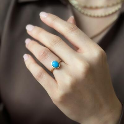 14 Ayar Altın Oval Firuze Taşlı Yüzük - ENGİNGOLD YES