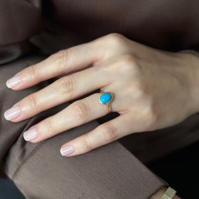 14 Ayar Altın Oval Firuze Taşlı Yüzük - 2