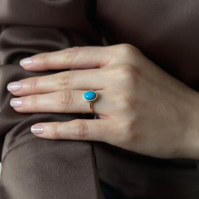 14 Ayar Altın Oval Firuze Taşlı Yüzük - 3