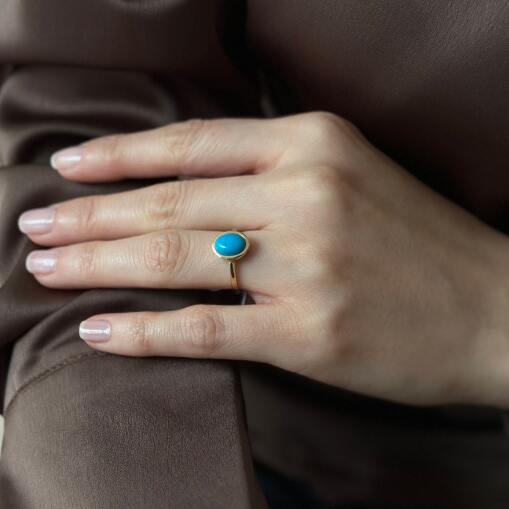 14 Ayar Altın Oval Firuze Taşlı Yüzük - 3