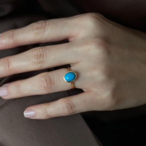 14 Ayar Altın Oval Firuze Taşlı Yüzük - 4