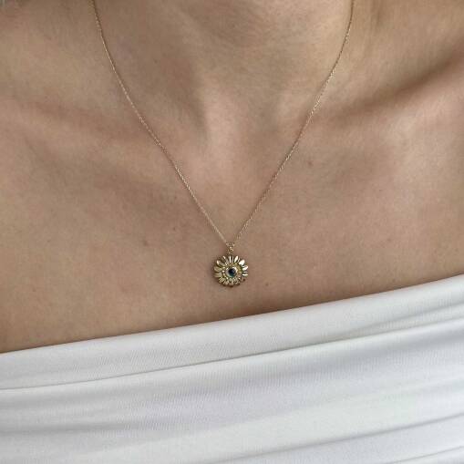 14 Ayar Altın Papatya Kolye – Mavi Taşlı Zarif Tasarım - 4
