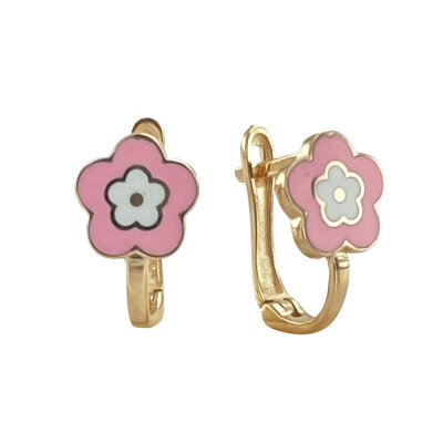 14 Ayar Altın Pembe Çiçekli Çocuk Küpe - ENGİNGOLD