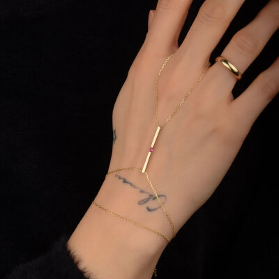 14 Ayar Altın Pembe Taşlı Çubuk Bar Şahmeran - 5