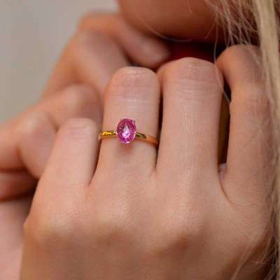 14 Ayar Altın Pembe Taşlı Yüzük - 1