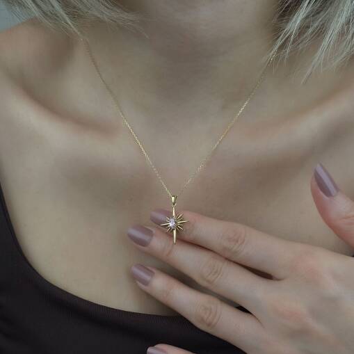 14 Ayar Altın Pembe Taşlı Kutup Yıldızı Kolye - 2