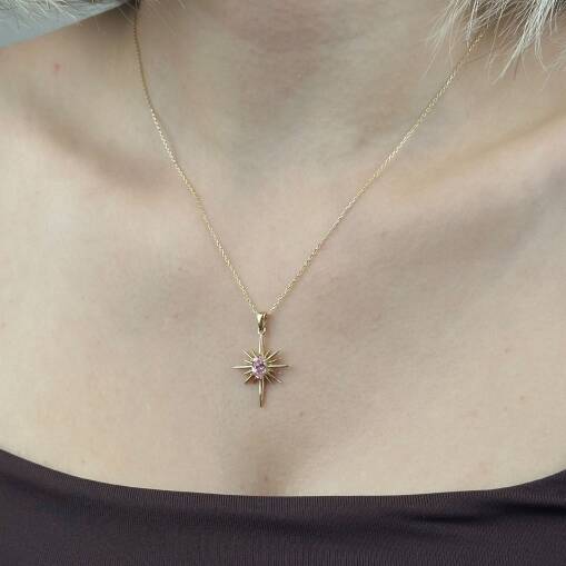 14 Ayar Altın Pembe Taşlı Kutup Yıldızı Kolye - 3