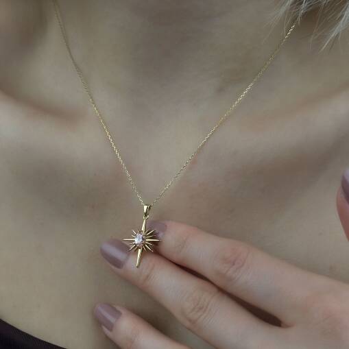 14 Ayar Altın Pembe Taşlı Kutup Yıldızı Kolye - 4