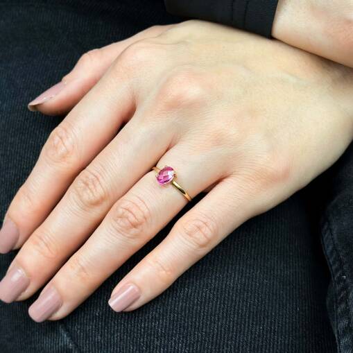 14 Ayar Altın Pembe Taşlı Yüzük – Modern Oval Taş - 2