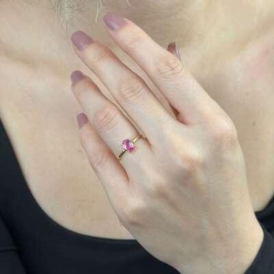 14 Ayar Altın Pembe Taşlı Yüzük – Modern Oval Taş - 3