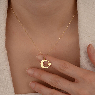 14 Ayar Altın Plaka Ayyıldız Kolye - 3