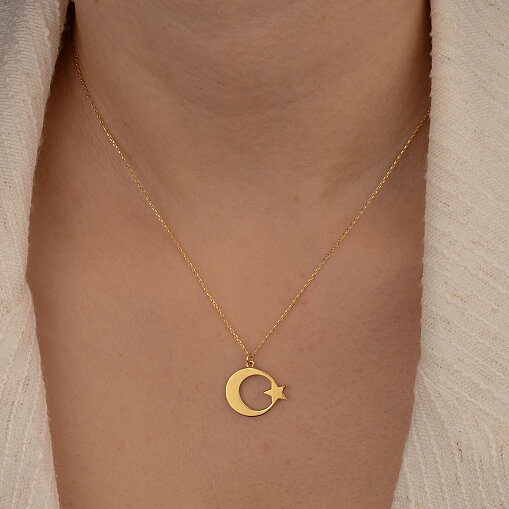 14 Ayar Altın Plaka Ayyıldız Kolye - 4