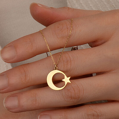 14 Ayar Altın Plaka Ayyıldız Kolye - 2