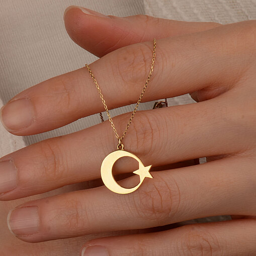 14 Ayar Altın Plaka Ayyıldız Kolye - 2