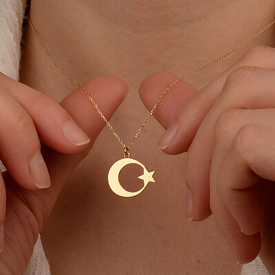 14 Ayar Altın Plaka Ayyıldız Kolye - 5