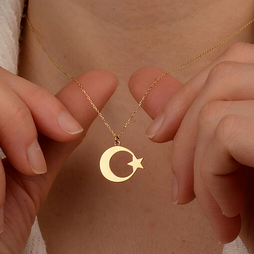 14 Ayar Altın Plaka Ayyıldız Kolye - 5