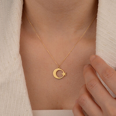 14 Ayar Altın Plaka Ayyıldız Kolye - 6