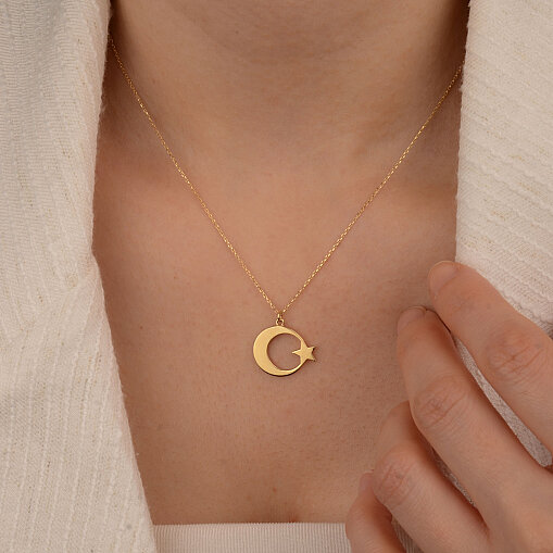 14 Ayar Altın Plaka Ayyıldız Kolye - 6