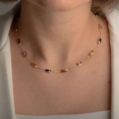 Renkli Taşlı Altın Kolye – 14 Ayar Zarif Model - 5