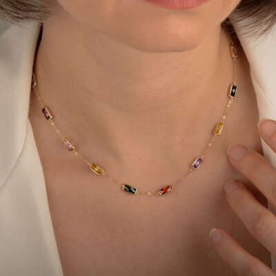 Renkli Taşlı Altın Kolye – 14 Ayar Zarif Model - 6