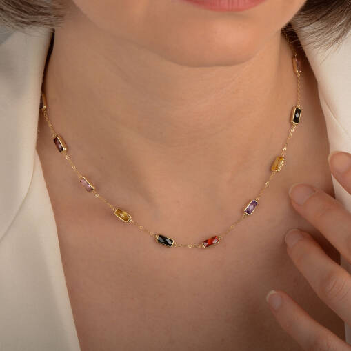 Renkli Taşlı Altın Kolye – 14 Ayar Zarif Model - 6