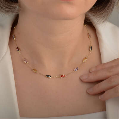 Renkli Taşlı Altın Kolye – 14 Ayar Zarif Model - 4