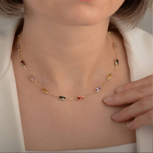Renkli Taşlı Altın Kolye – 14 Ayar Zarif Model - 4