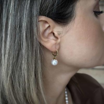 14 Ayar Altın Sallantılı İnci Küpe - 3